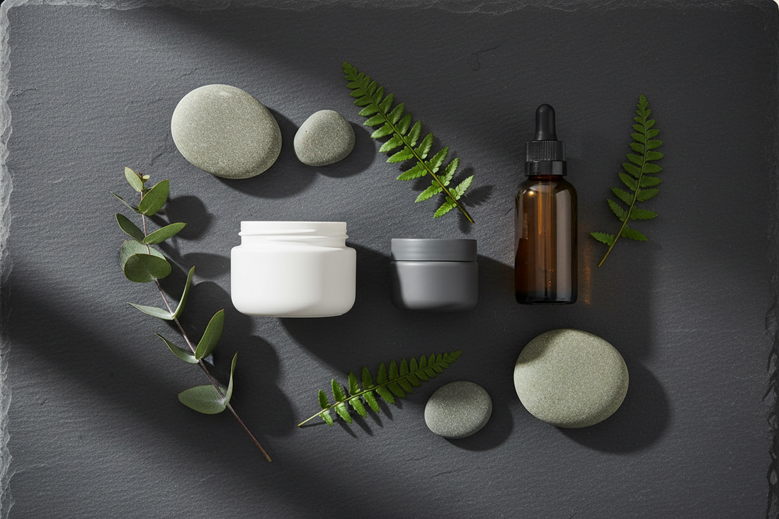 Men's vegan skincare 3-product routine flat lay — BelleVie face cream, eye cream and beard oil on dark stone with botanical accents