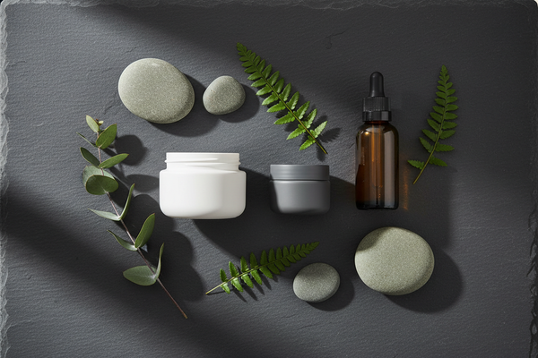 Men's vegan skincare 3-product routine flat lay — BelleVie face cream, eye cream and beard oil on dark stone with botanical accents