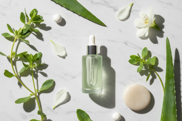 Niacinamide vs retinol for sensitive skin - BelleVie clean beauty serum flat lay on white marble with botanical ingredients