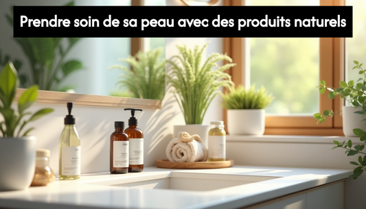Organic skincare products on bathroom vanity