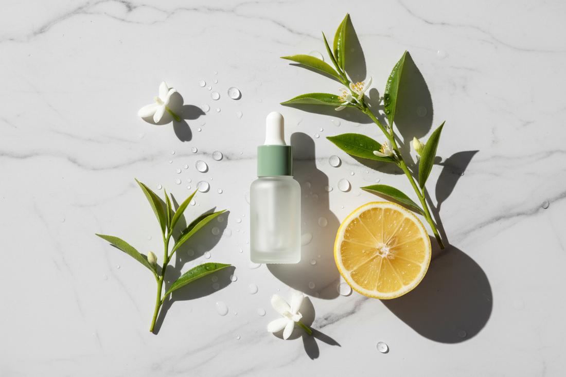 Salicylic acid and tea tree oil acne spot treatment flat lay — BelleVie clean beauty skincare on white marble with botanical accents
