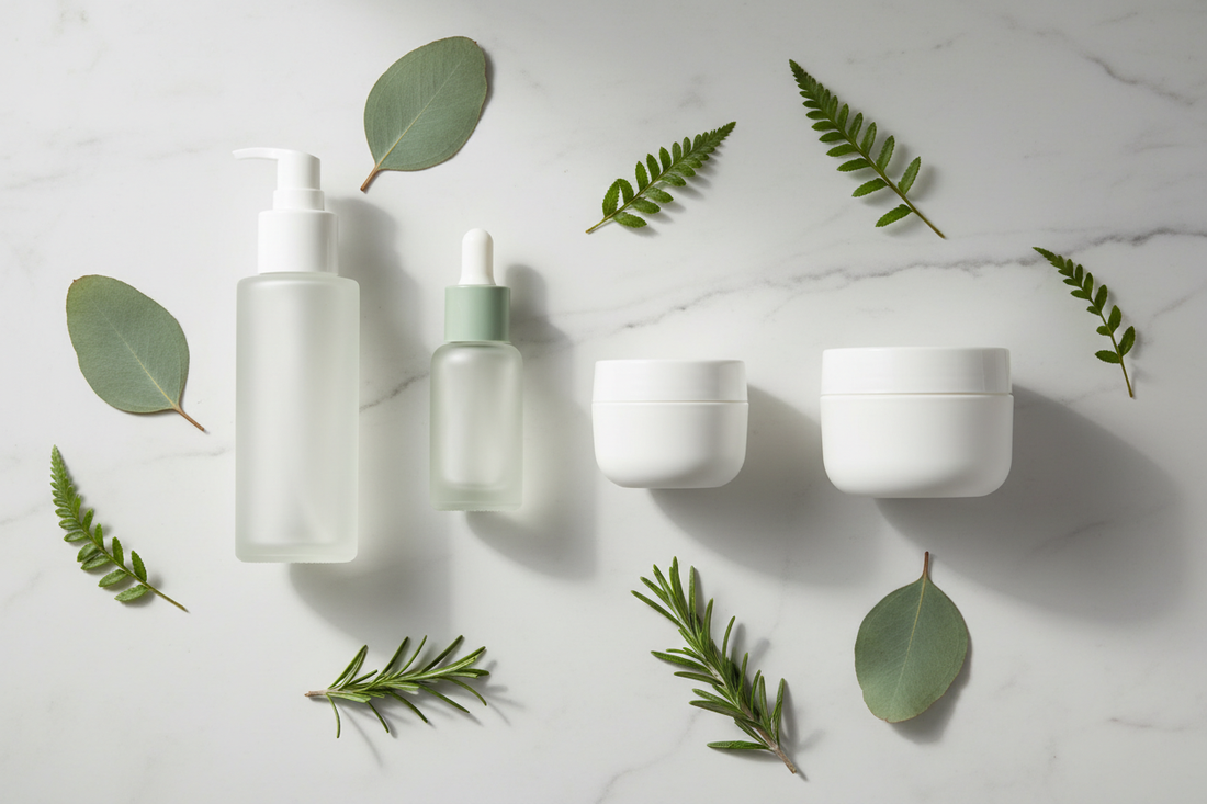 4-step vegan anti-aging skincare routine flat lay — BelleVie clean beauty products on white marble with botanical accents
