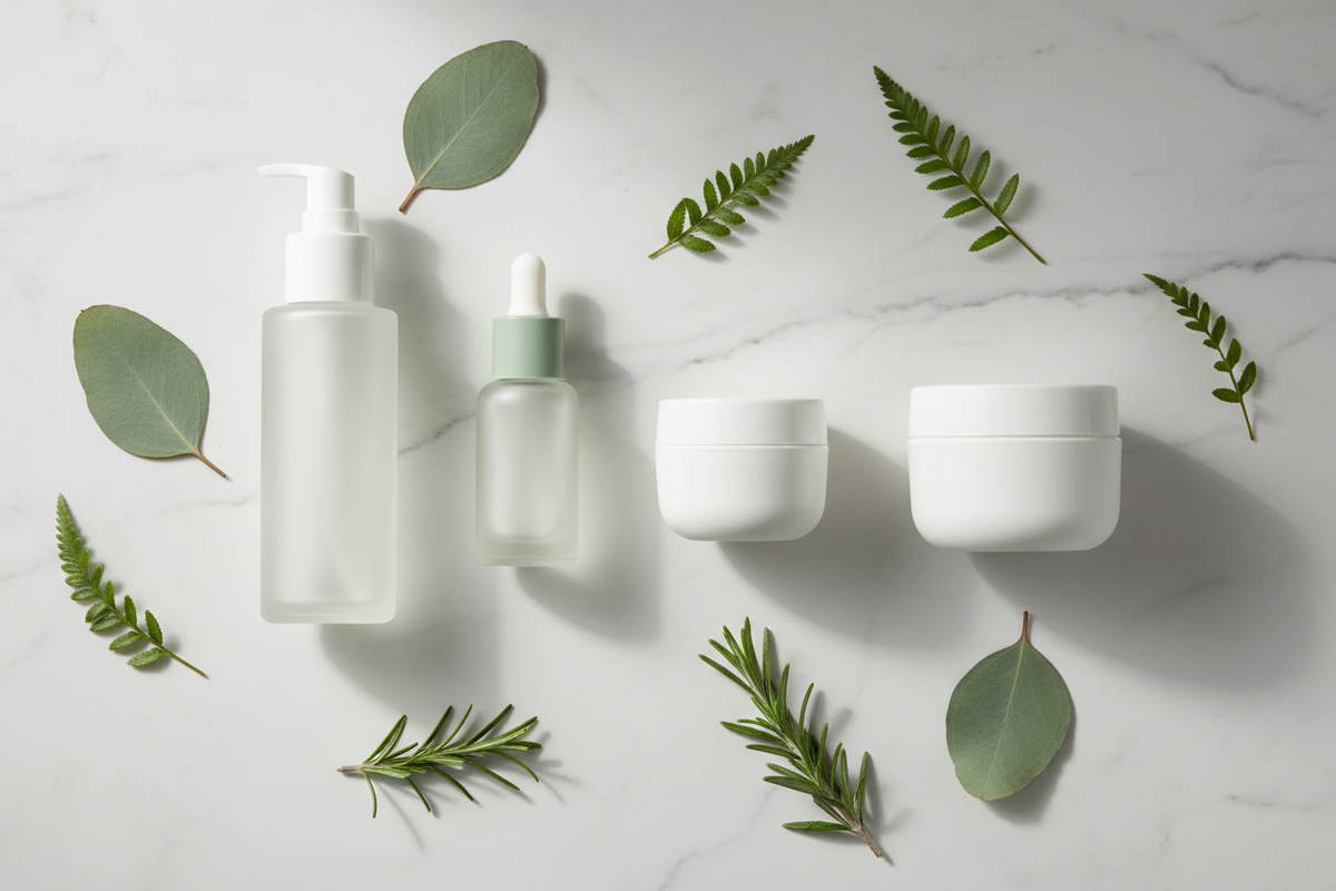 4-step vegan anti-aging skincare routine flat lay — BelleVie clean beauty products on white marble with botanical accents