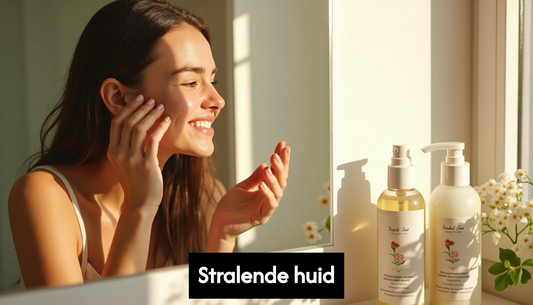 Woman applying herbal moisturizer in bright bathroom
