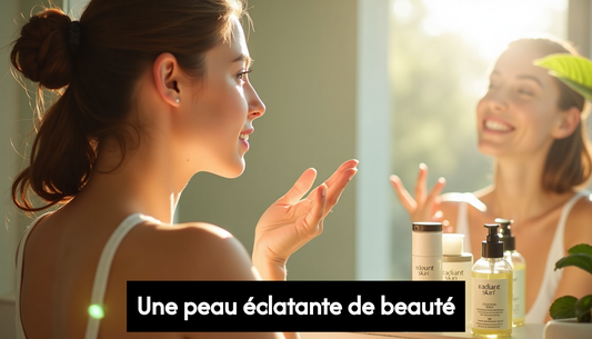Woman applying herbal moisturizer in bright bathroom