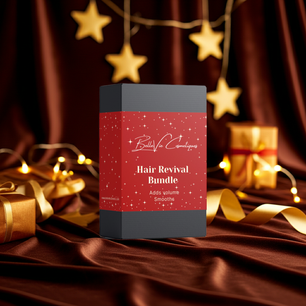 Hair revival bundle packaging on a decorative background with lights and ribbons