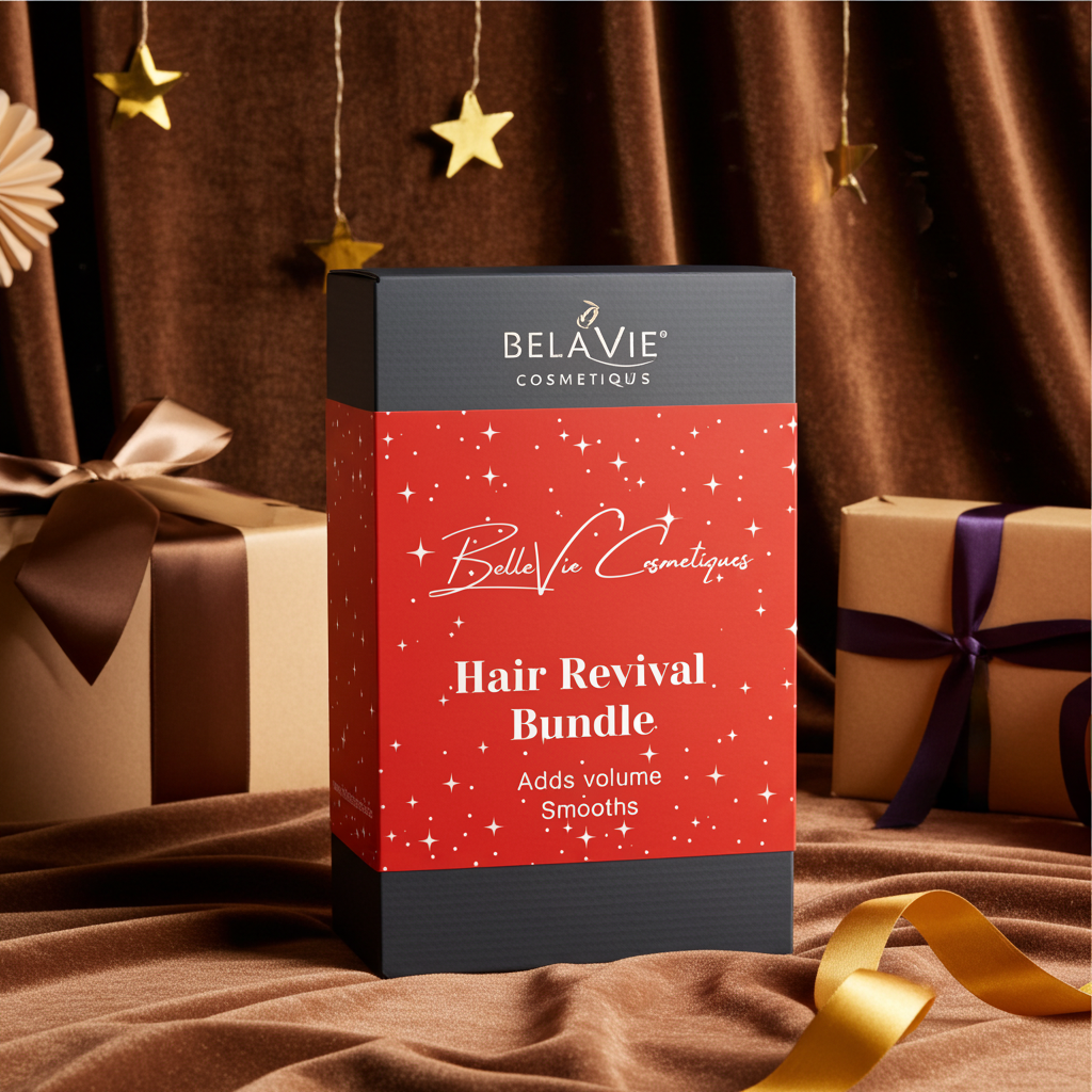 Belavie Cosmetiques hair revival bundle box with decorative background
