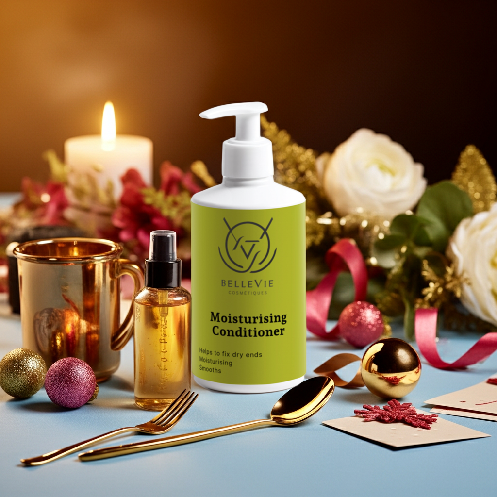Bellevie moisturizing conditioner bottle on a decorative table with candles and flowers