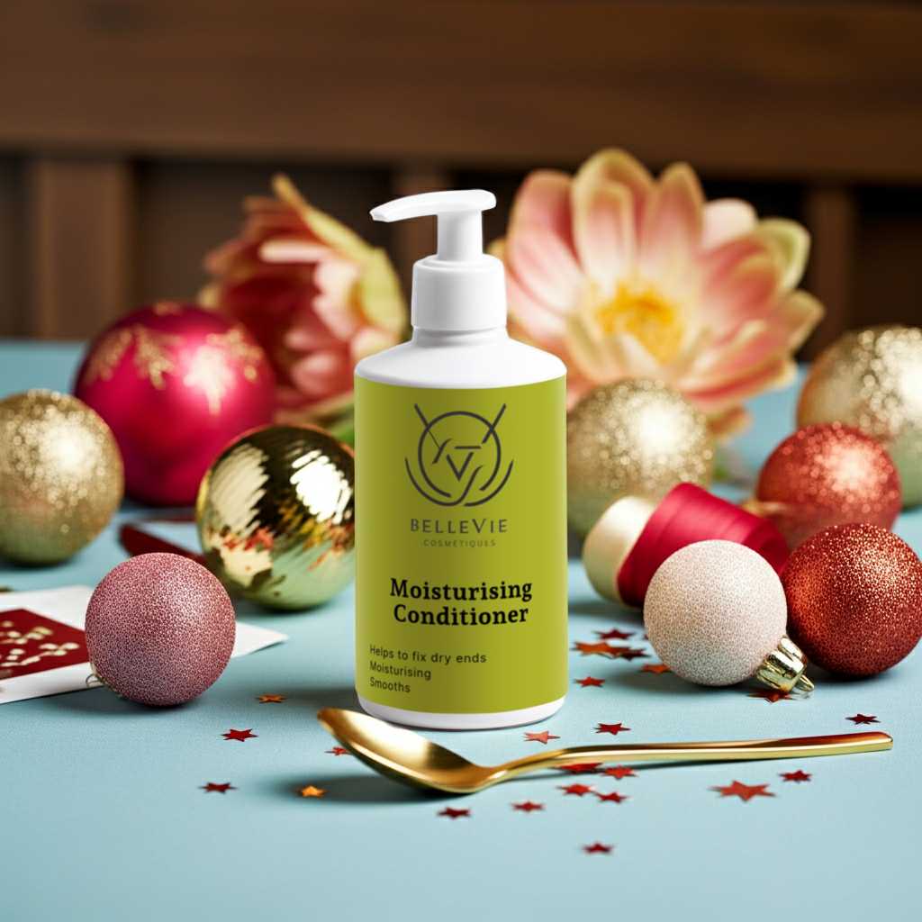 Bottle of Bellevie Moisturising Conditioner surrounded by Christmas ornaments on a blue surface.