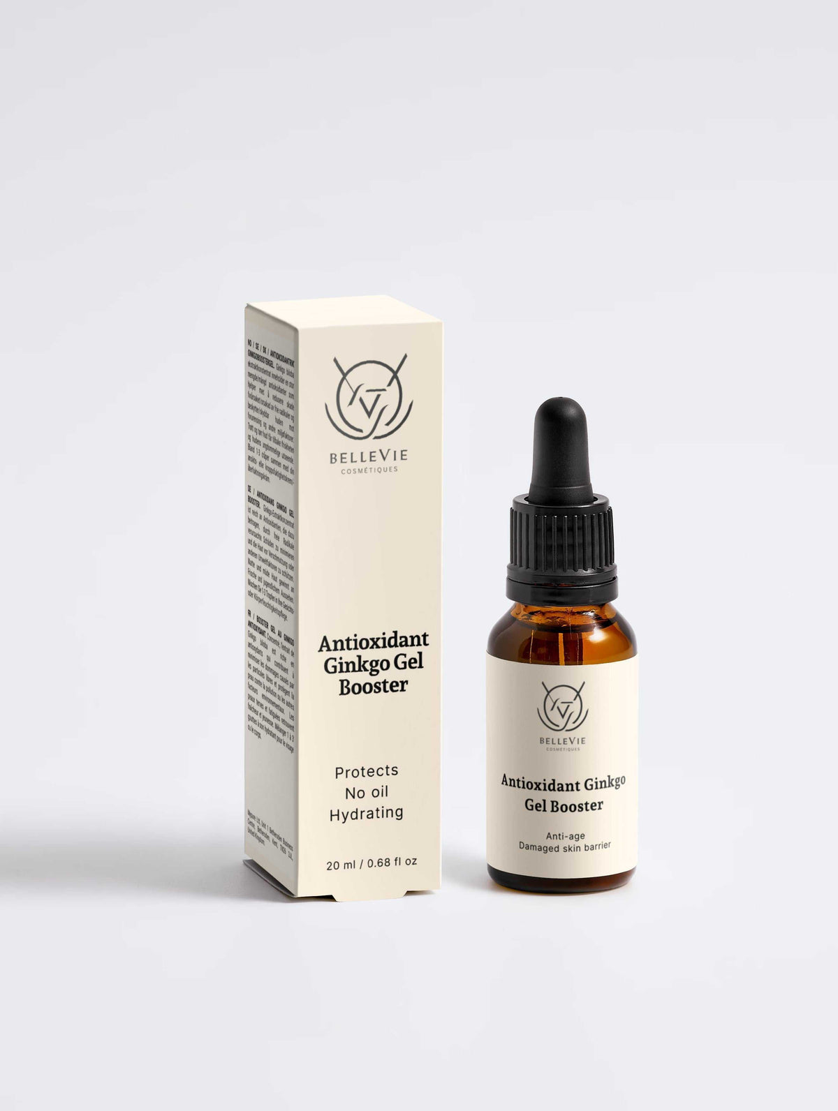Antioxidant Ginkgo Gel Booster in an amber glass dropper bottle with a black pipette and cream label beside its matching box.