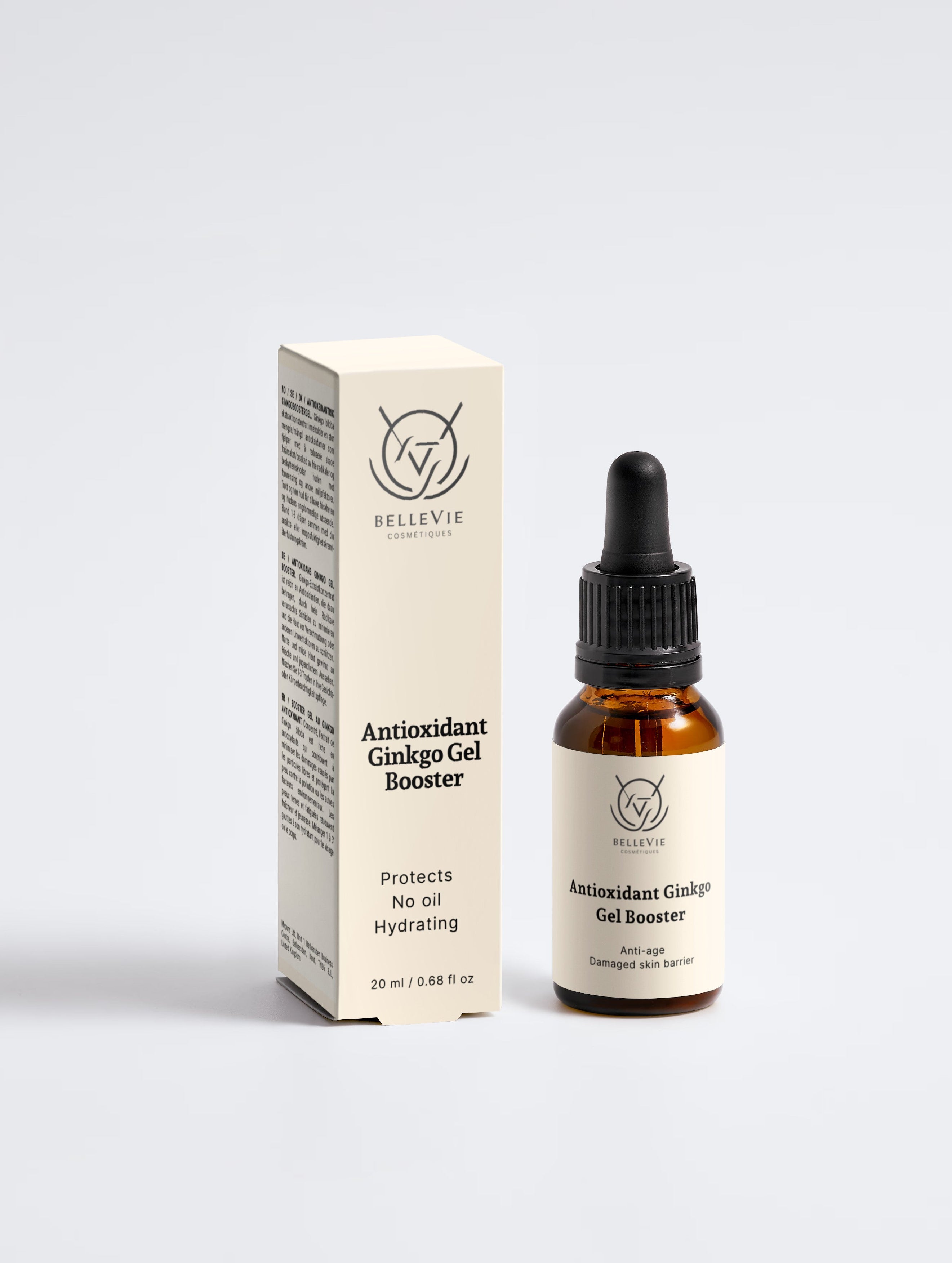 Bellevie Organics Antioxidant Ginkgo Gel Booster shown with its cream-colored packaging box and amber glass dropper bottle on a light gray background.