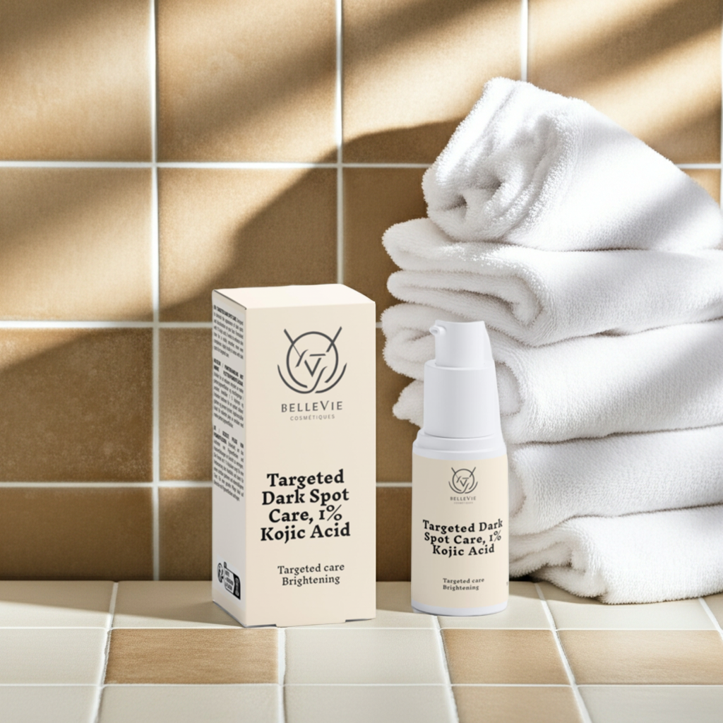 Bellevie skincare product on a tiled bathroom floor with towels in the background