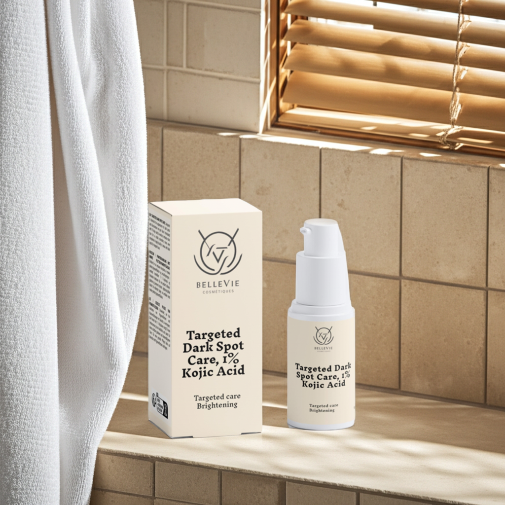 Bellevie skincare product on a bathroom counter with a towel and mirror in the background