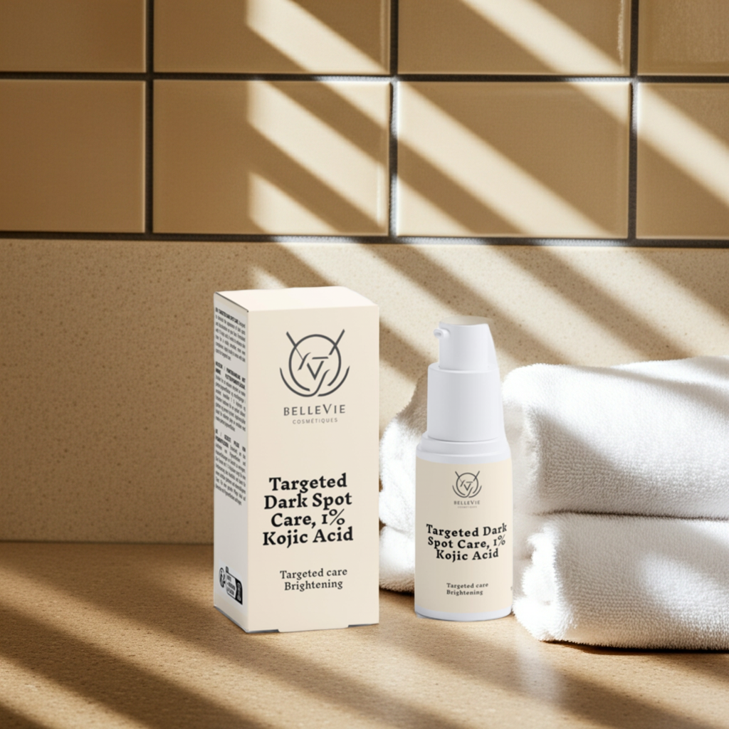 Bellevie skincare product with packaging on a wooden surface with tiled wall background