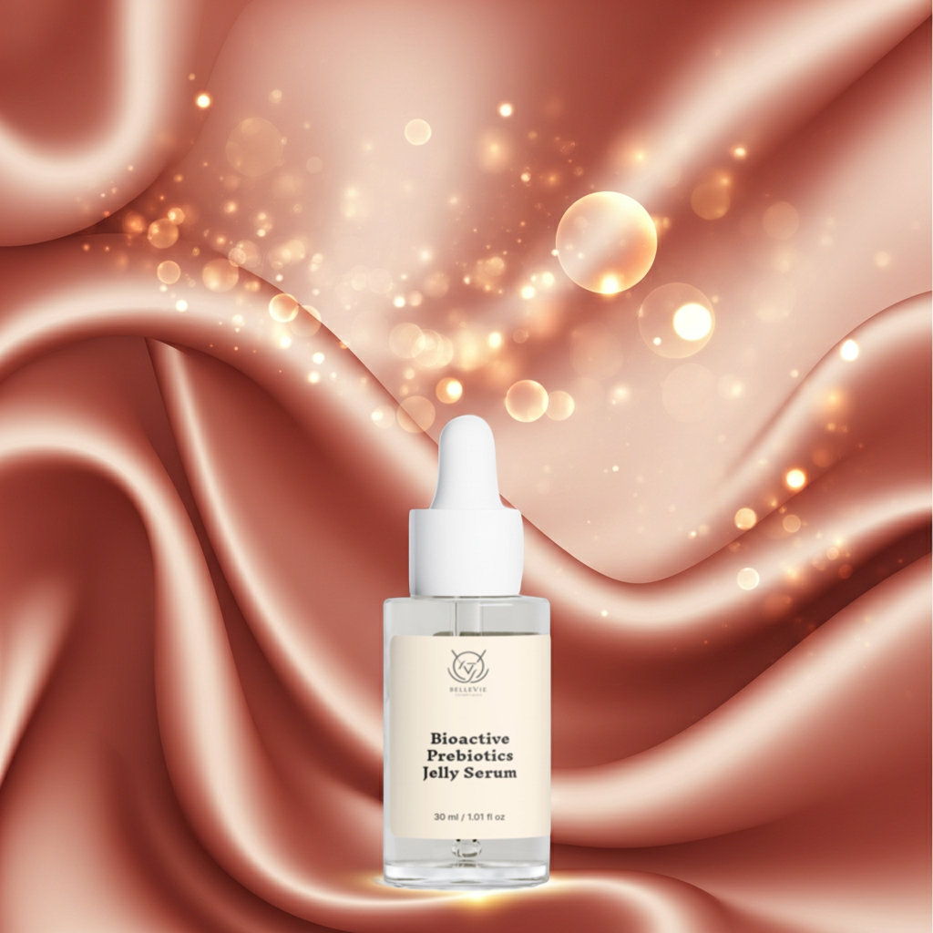 Bioactive Prebiotics Jelly Serum bottle on a luxurious pink fabric background