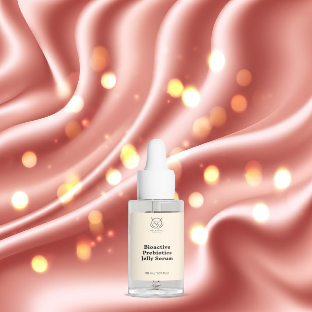 Bioactive Probiotics Jelly Serum bottle on a pink textured background