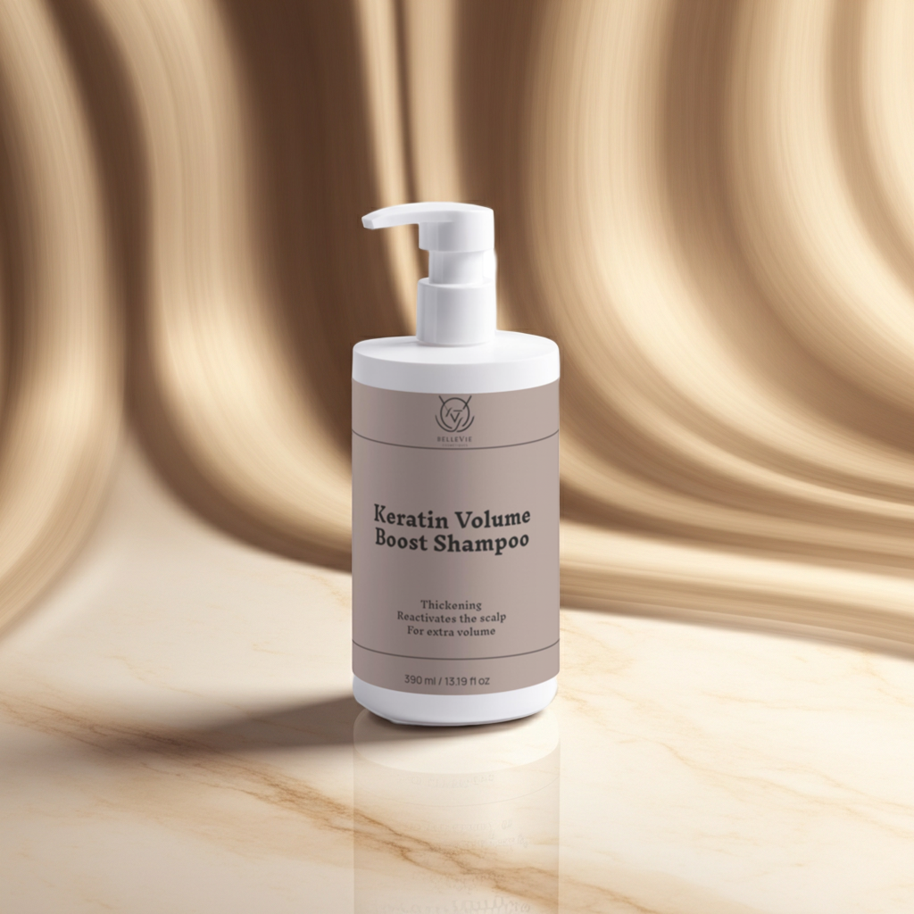 Keratin Volume Boost Shampoo bottle on a beige background