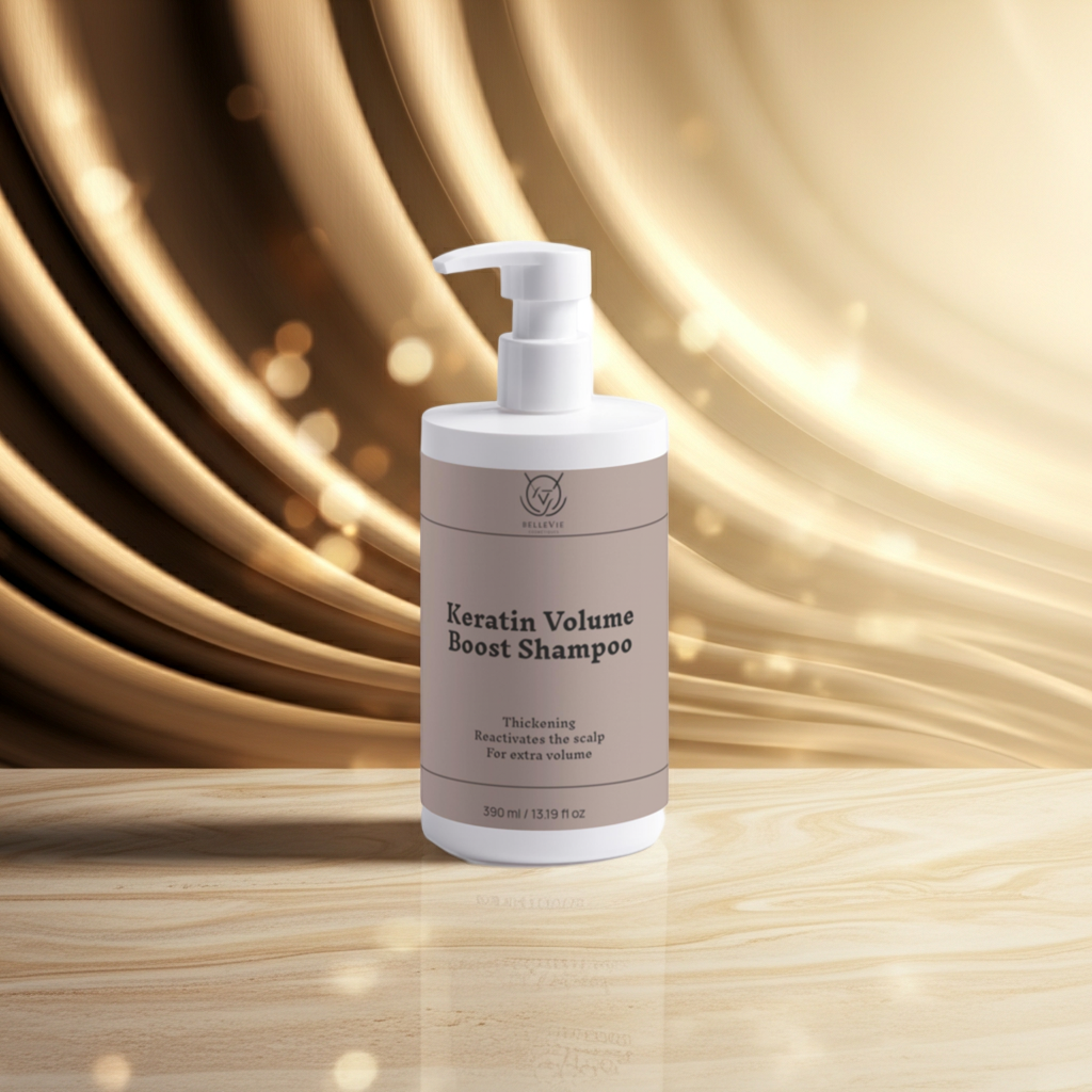 Keratin Volume Boost Shampoo bottle on a wooden surface with a gold circular background