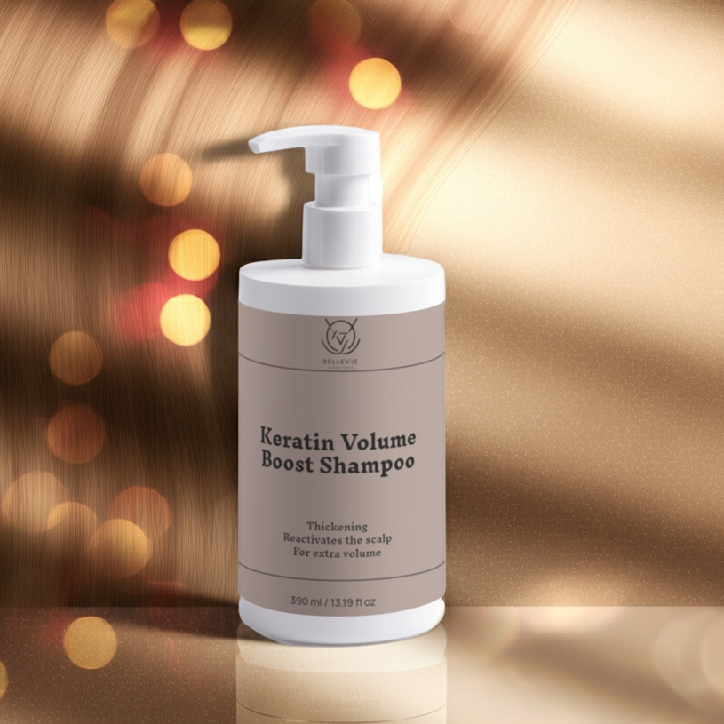 Keratin Volume Boost Shampoo bottle with a blurred warm background