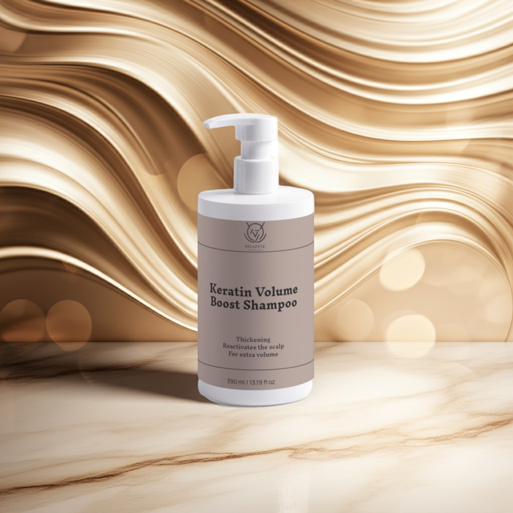 Keratin Volume Boost Shampoo bottle on a gold and beige swirled background