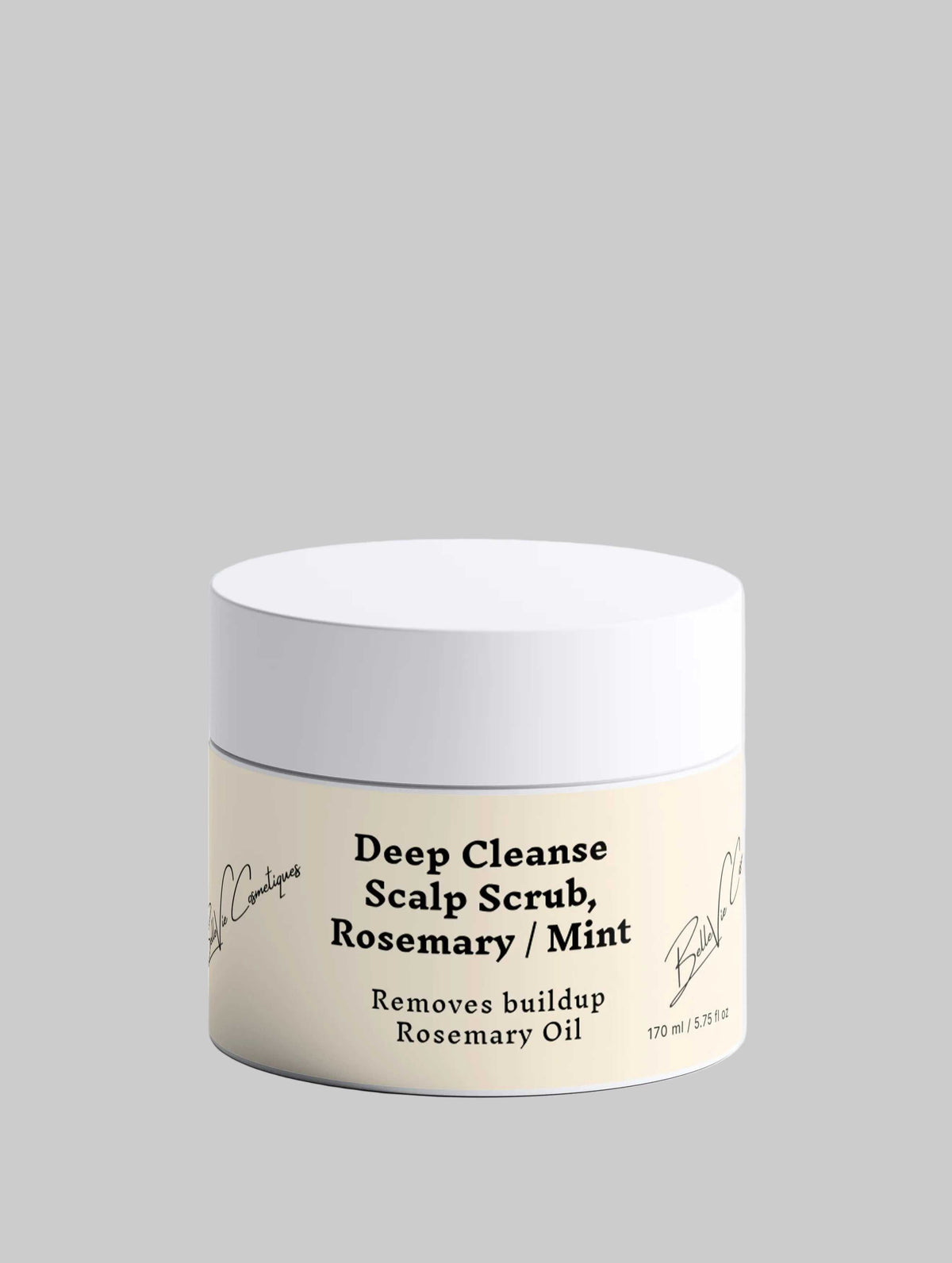 Deep Cleanse Scalp Scrub in a cream-colored jar with a white lid and black rosemary and mint label text.