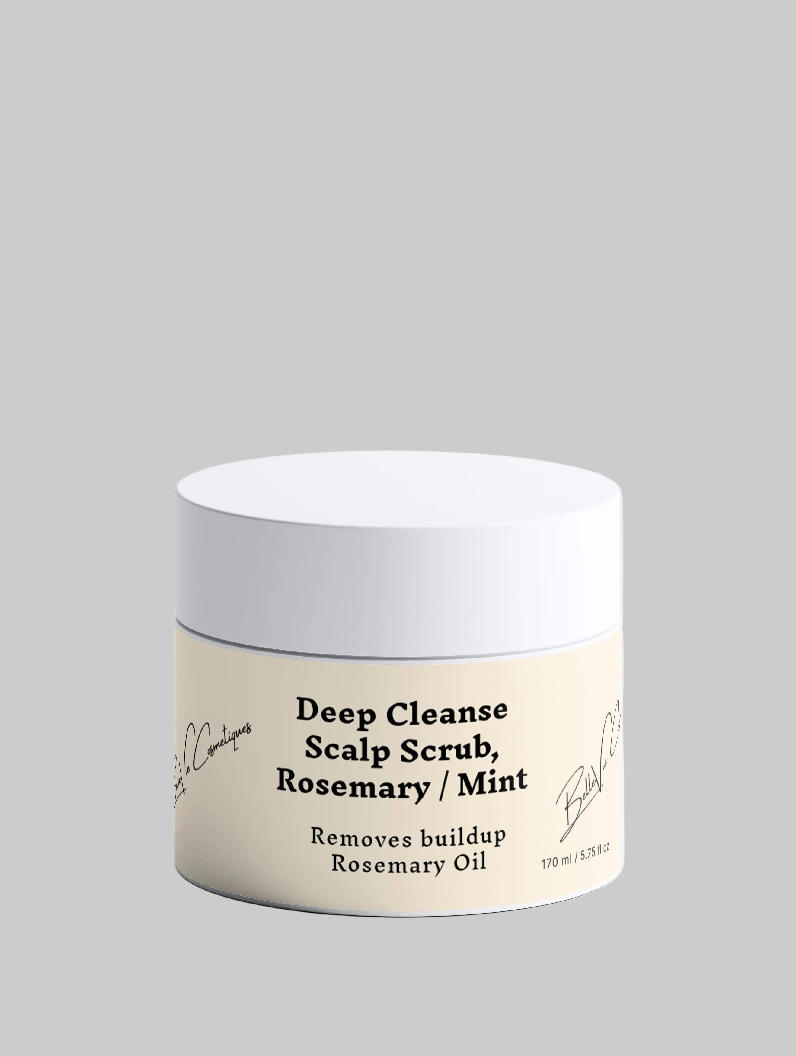 A white cosmetic jar with a cream-colored label reading 'Deep Cleanse Scalp Scrub, Rosemary / Mint' on a light gray background.