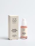 Bellevie Skincare Peptide Anti-Aging Serum shown with its beige packaging box and clear bottle with a white pump dispenser, on a light gray background.