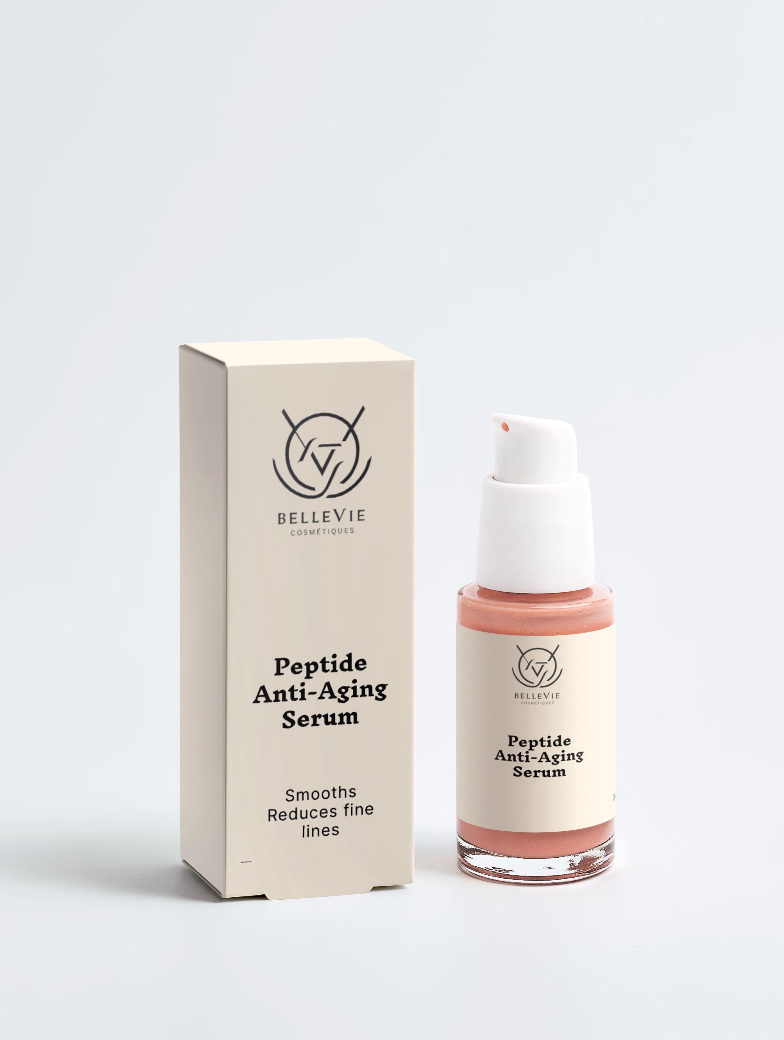 Bellevie Skincare Peptide Anti-Aging Serum shown with its beige packaging box and clear bottle with a white pump dispenser, on a light gray background.