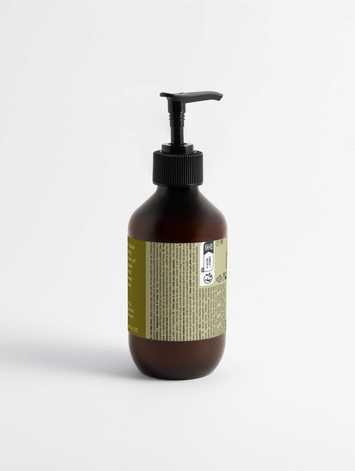 5% Hydroxyethyl Urea body cream in a dark amber bottle with a black pump and muted olive label
