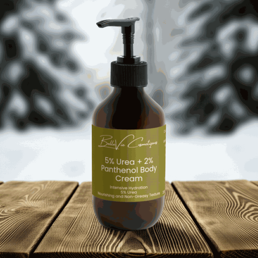 5% Hydroxyethyl Urea body cream in an amber pump bottle with an olive-green label and cream lettering