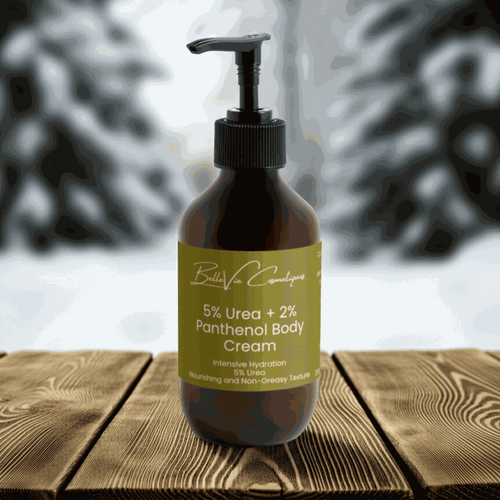 5% Hydroxyethyl Urea body cream in an amber pump bottle with an olive-green label and cream lettering