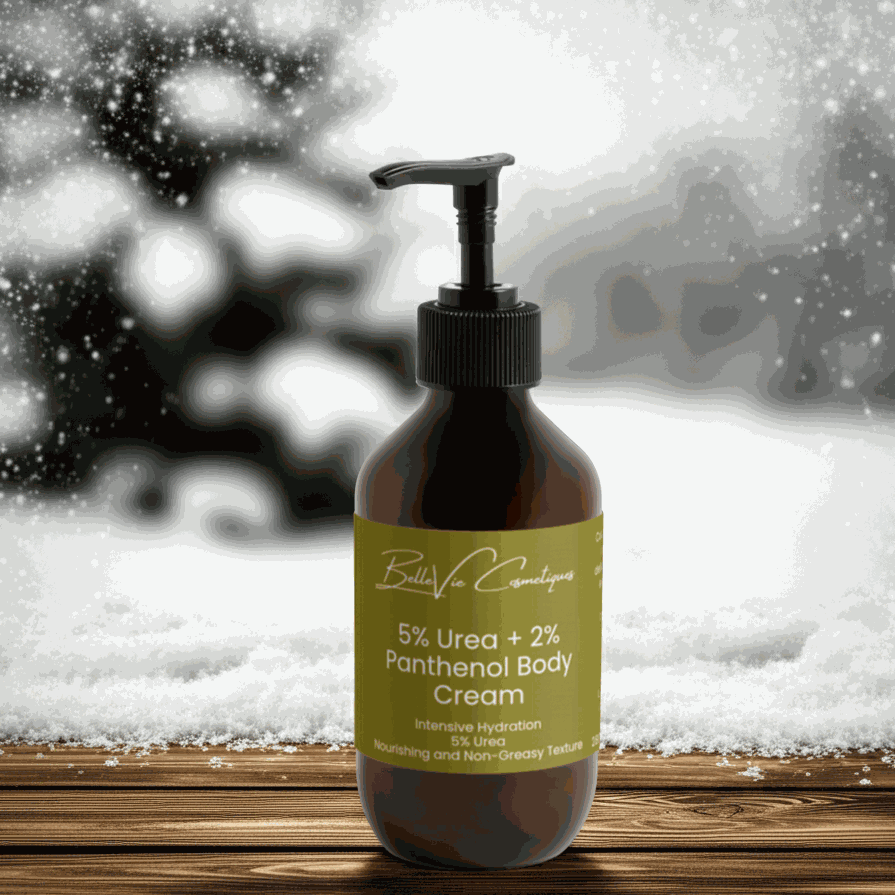 Body cream in a dark amber pump bottle with a green label, marked 5% Hydroxyethyl Urea and 2% panthenol