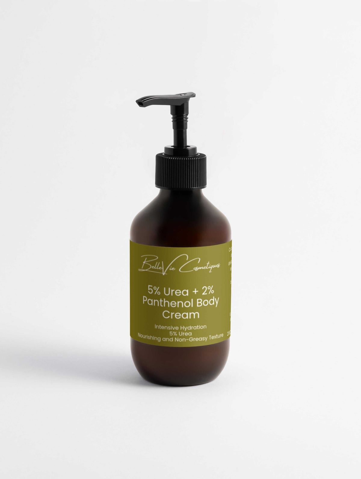 Body cream in a dark amber pump bottle with a black dispenser and olive-green label, featuring 5% Hydroxyethyl Urea