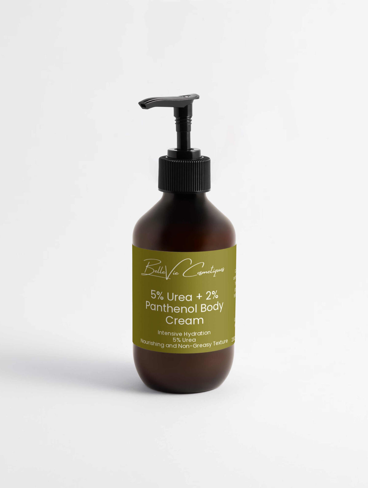5% Hydroxyethyl Urea body cream in a dark brown pump bottle with a green label and white lettering