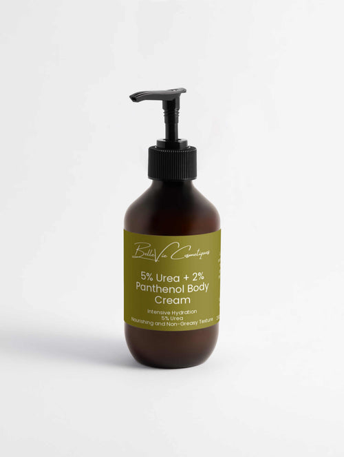 5% Hydroxyethyl Urea body cream in a dark brown pump bottle with a green label and black dispenser