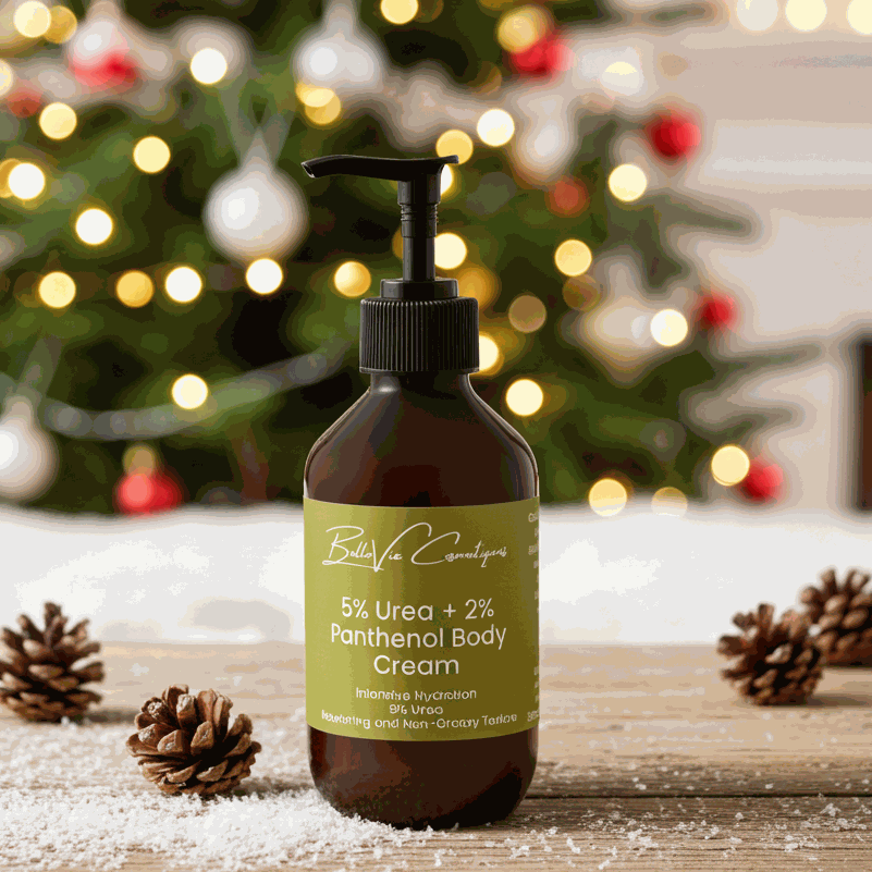 Body cream in a brown pump bottle with a lime-green label, featuring 5% Hydroxyethyl Urea and 2% Panthenol