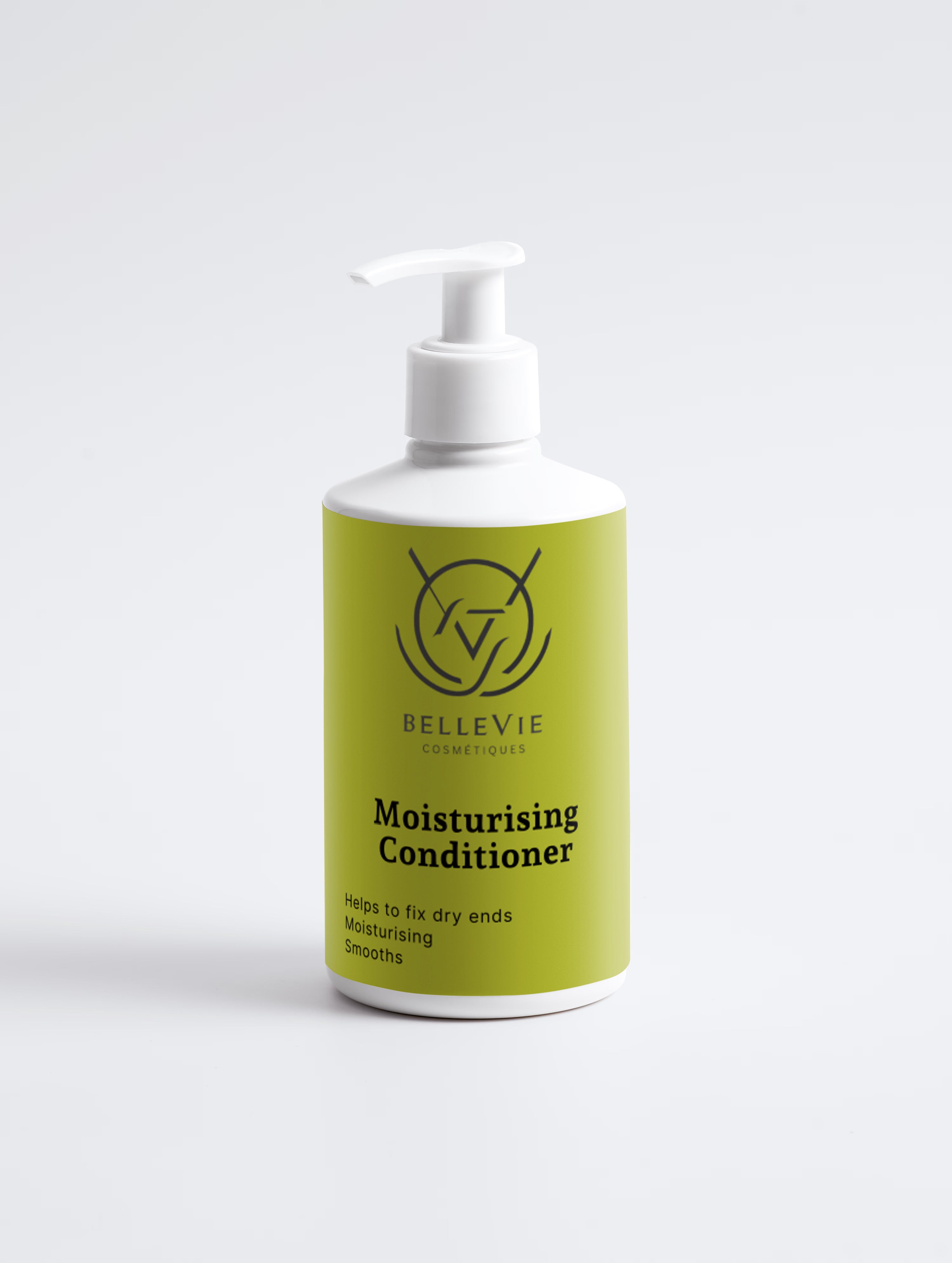 A bottle of Bellevie Collective Moisturising Conditioner with a white pump dispenser and a lime green label, set against a clean white background.