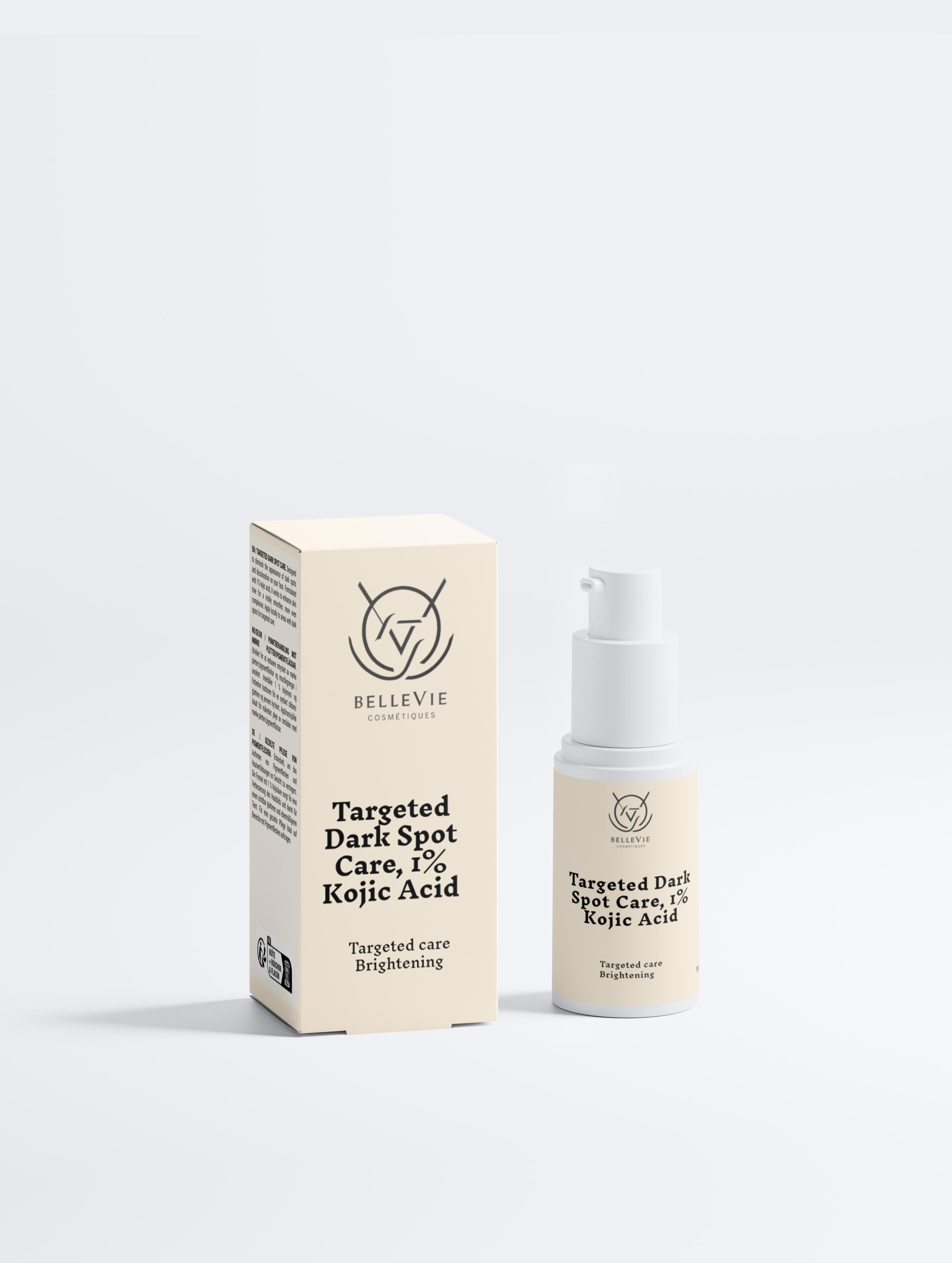 Bellevie Targeted Dark Spot Care packaging and bottle on a light gray background