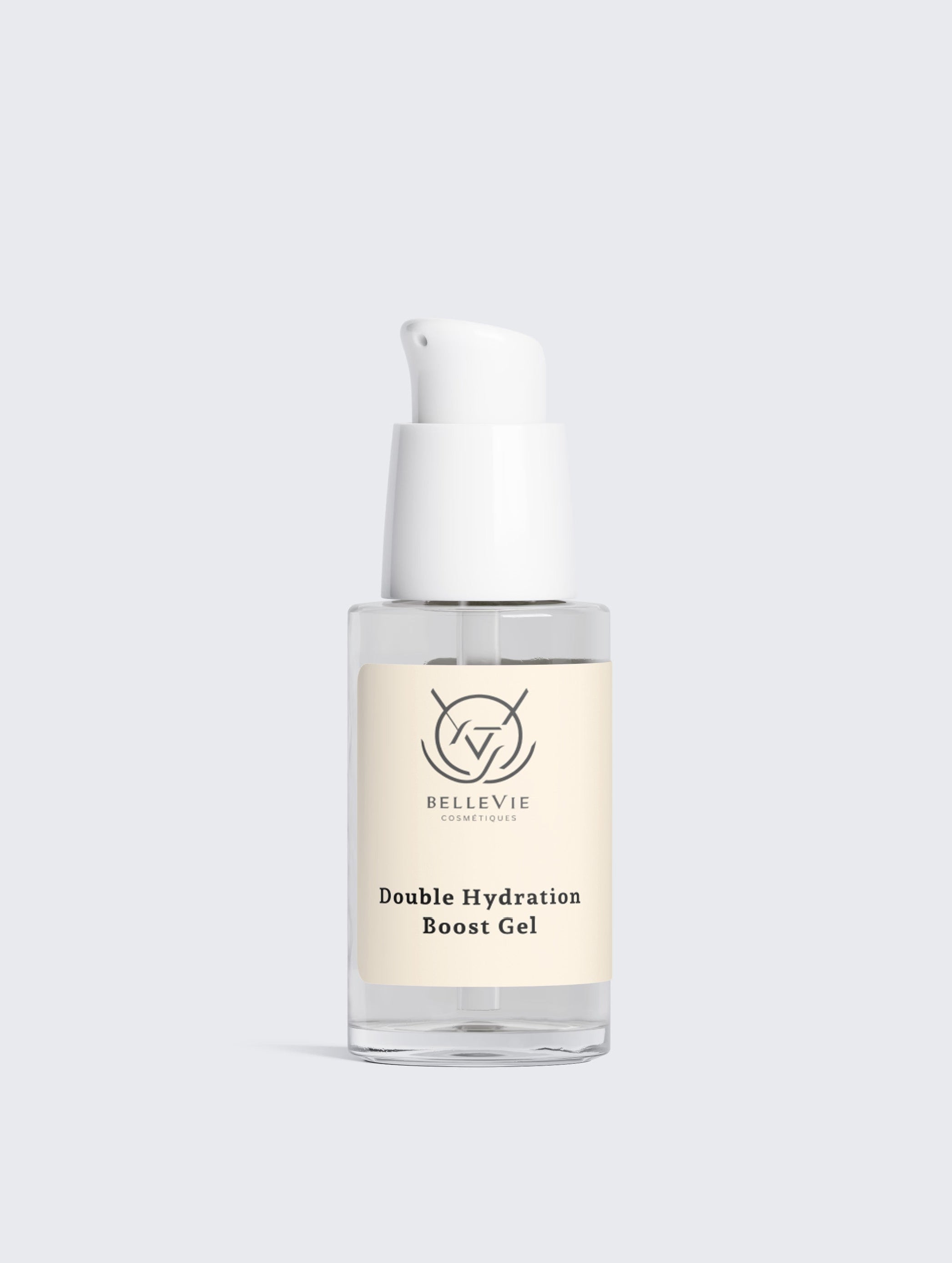 A small clear pump bottle of Belleville Double Hydration Boost Gel with a white pump and a cream-colored label, centered on a light gray background.