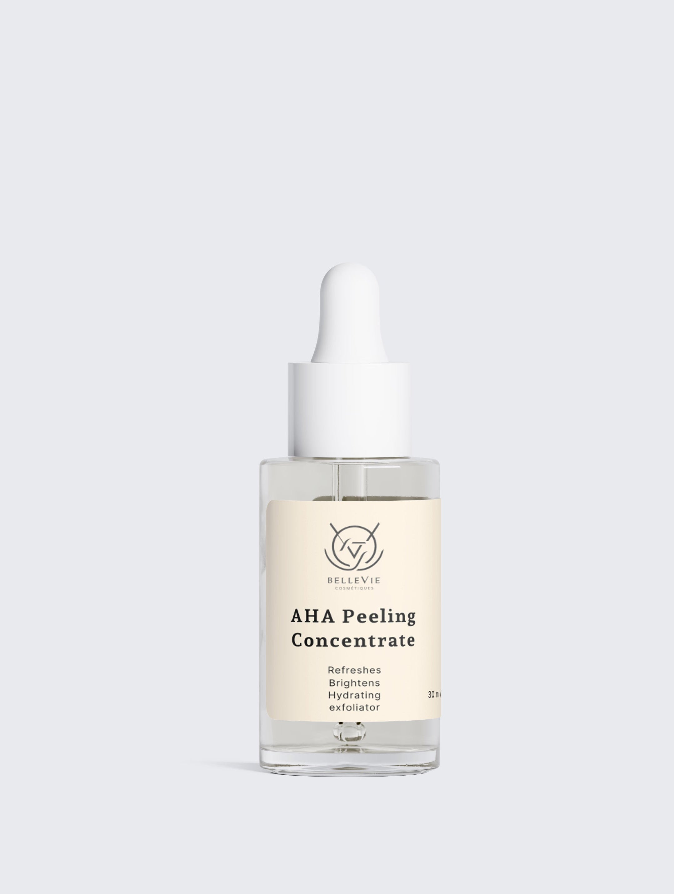 A clear glass dropper bottle of AHA Peeling Concentrate by Bellevie, featuring a white dropper cap and a cream-colored label, set against a solid light gray background.