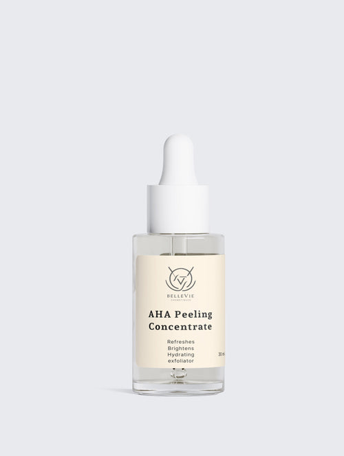 A clear glass dropper bottle of AHA Peeling Concentrate by Bellevie, featuring a white dropper cap and a cream-colored label, set against a solid light gray background.