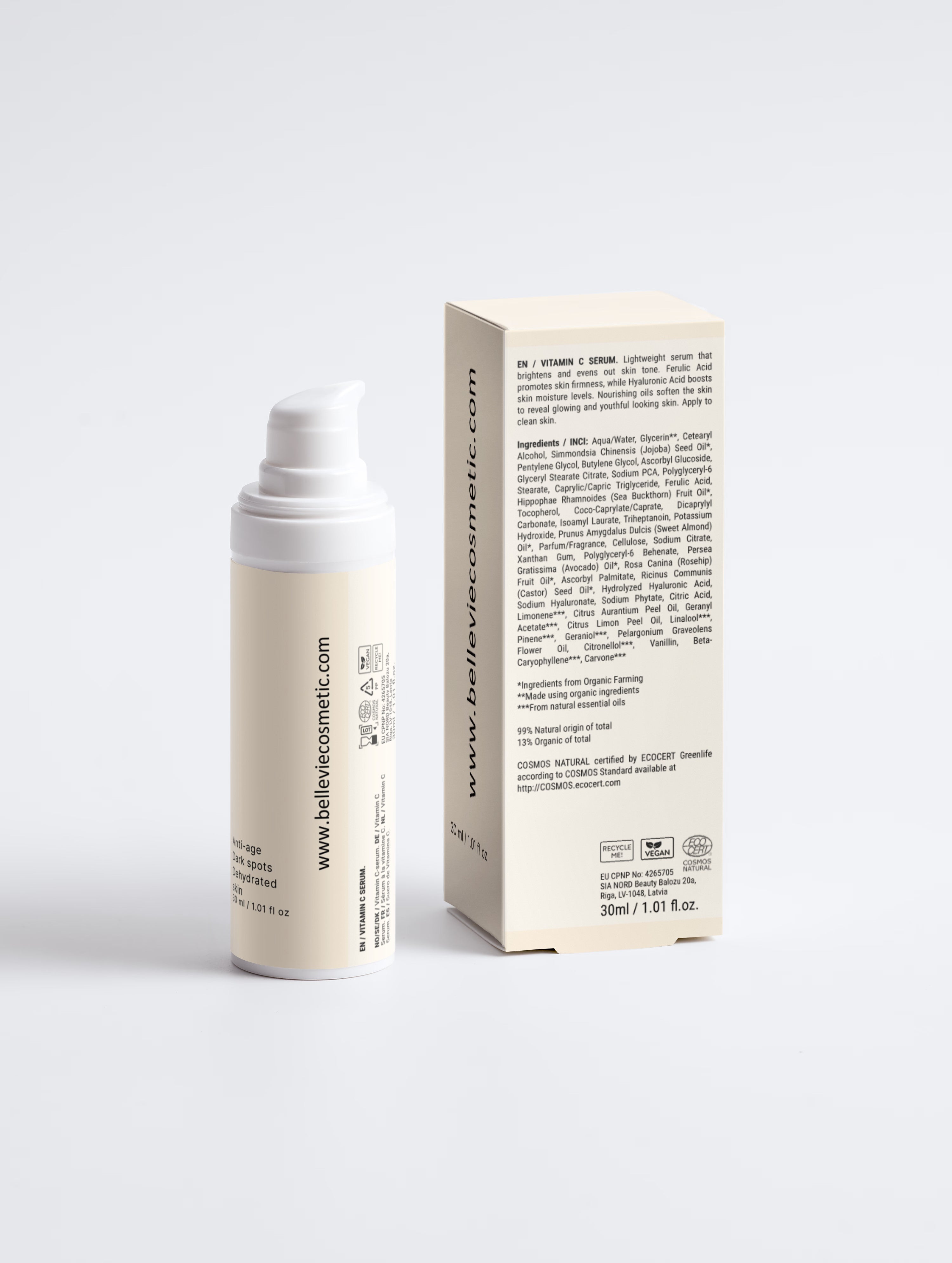 A skincare pump bottle and its matching product box from Believe Cosmetics, shown on a clean light gray studio background.