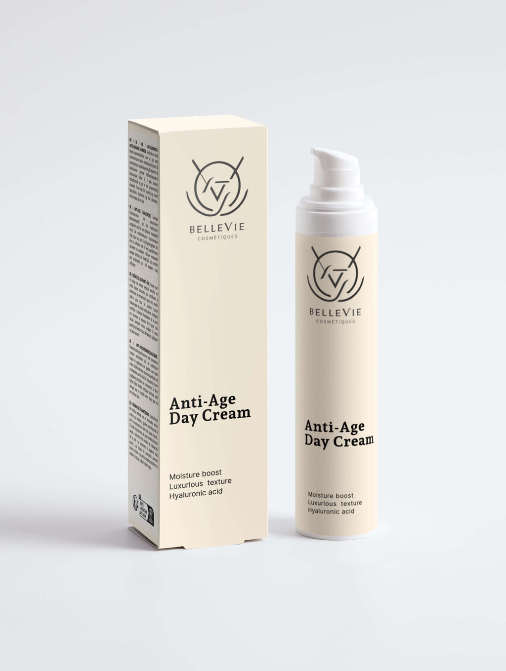 Anti-Age Day Cream by BelleVie, featuring luxurious texture and hyaluronic acid for youthful skin.