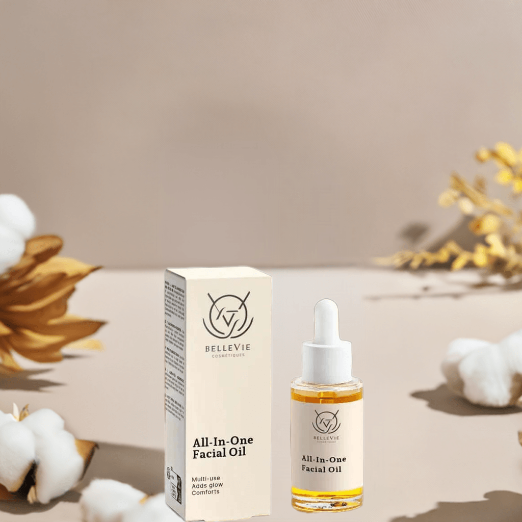Bellevie All-In-One anti aging Facial Oil with packaging with a background of flowers