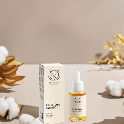 Bellevie All-In-One Facial Oil with packaging with a background of flowers