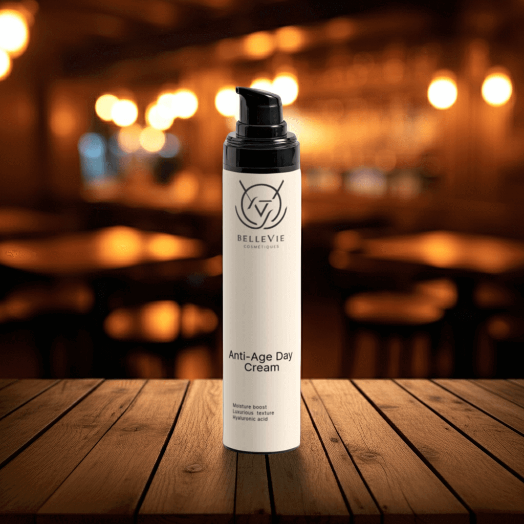 Bellevie Anti-Age Day Cream 50ml bottle on a wooden table with a blurred table background
