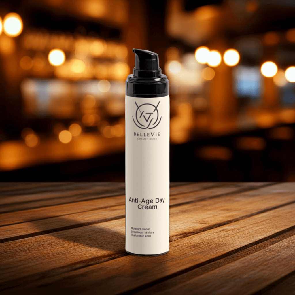 Anti-age day cream 50ml bottle on a wooden surface with a blurred background