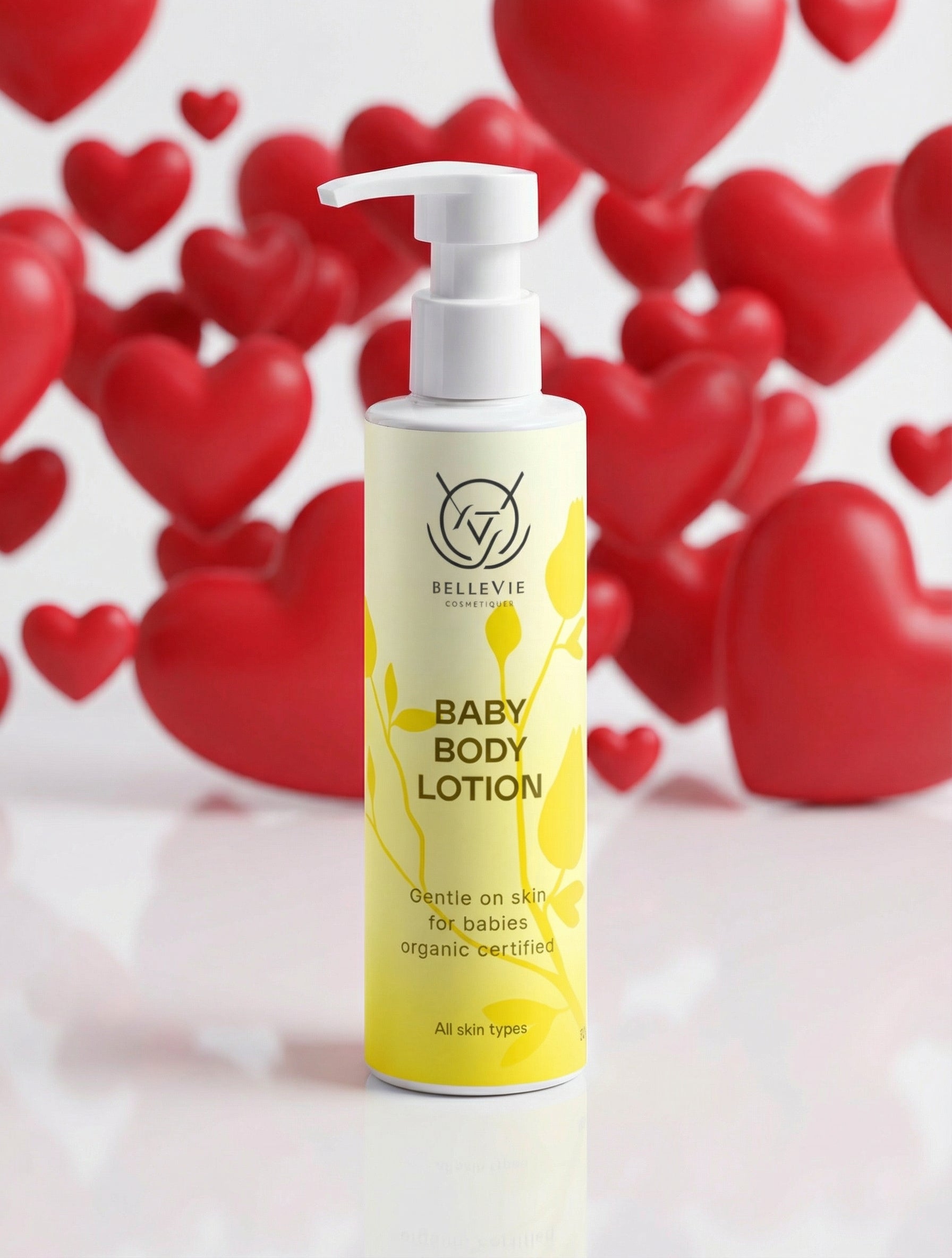 Baby Lotion 190ml bottle with red heart shapes in the background