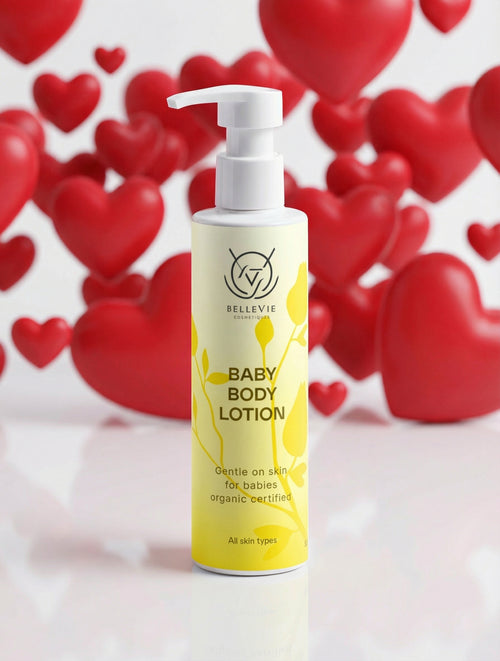 Baby Lotion 190ml bottle with red heart shapes in the background