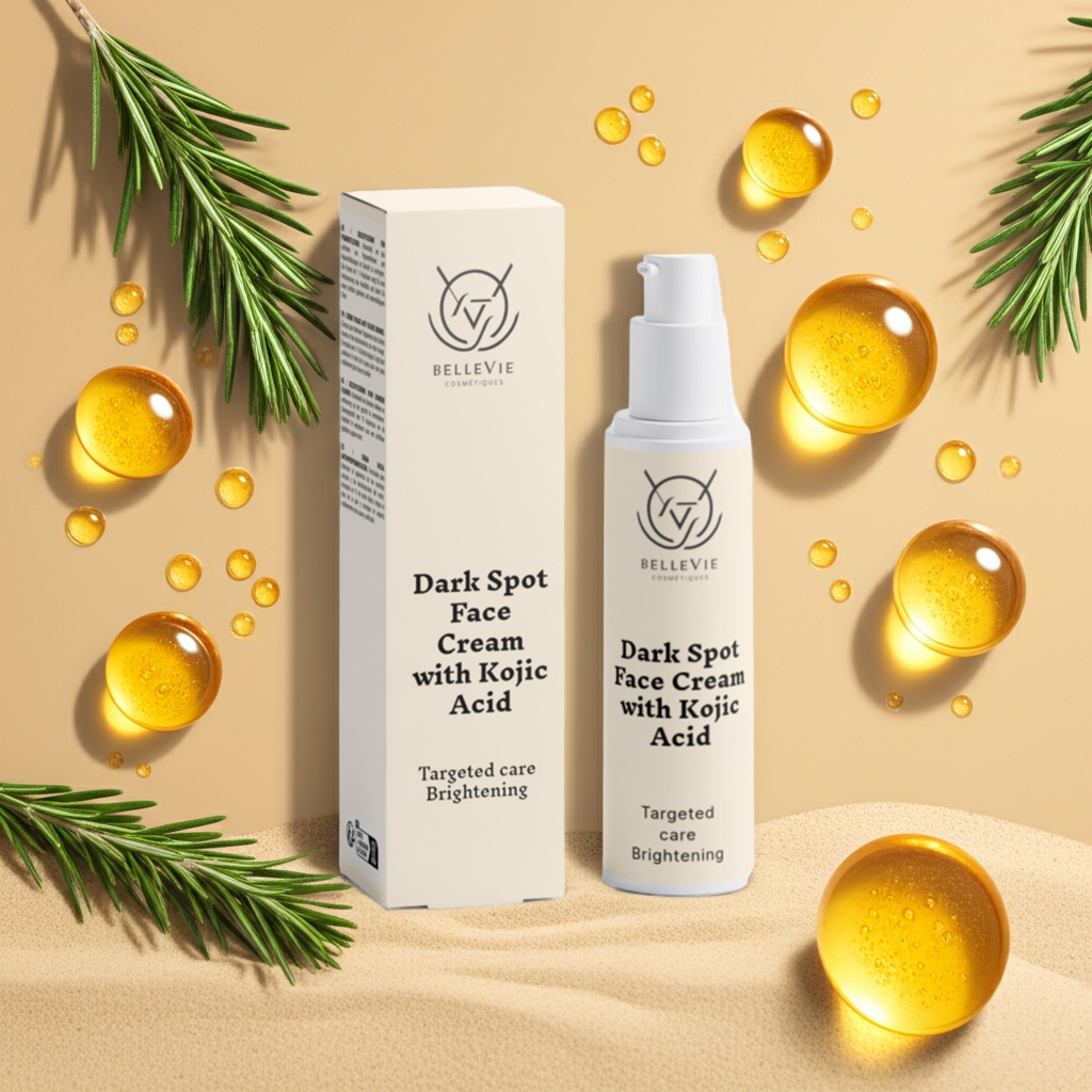 Bellevie Dark Spot Face Cream with Kojic Acid packaging and bottle on a beige background with rosemary leaves and oil droplets.